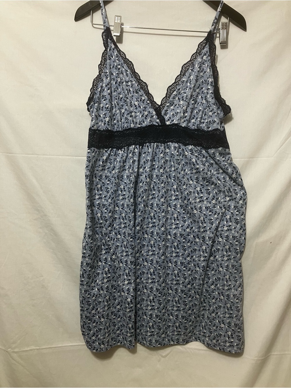 La Vie En Rose Blue Floral Lace-Trim Chemise with Black Accents